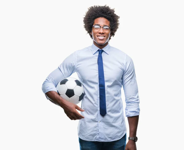 Афро Американських Менеджер Людина Тримає Футбольний Ізольованих Фону Щасливим Обличчям — стокове фото