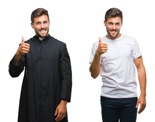 Koláž Pohledný Mladík Katolický Kněz Izolované Pozadí Dělá Šťastné Palec — Stock fotografie