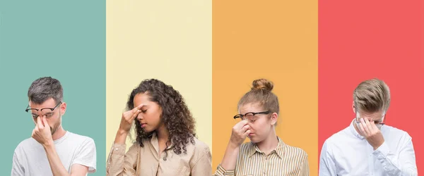 Collage Van Een Groep Mensen Geïsoleerd Kleurrijke Achtergrond Moe Wrijven — Stockfoto