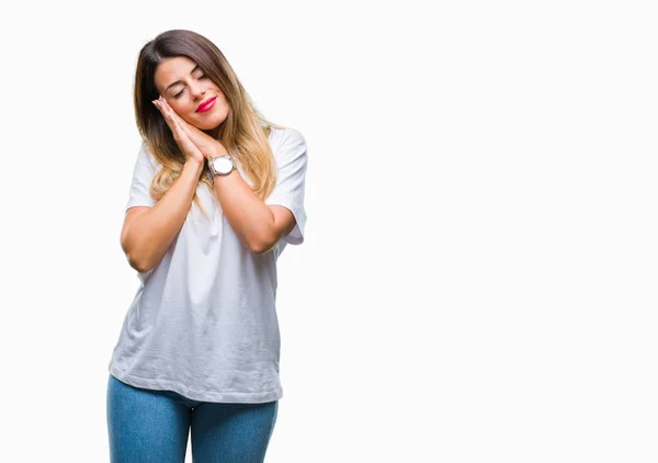 Giovane Bella Donna Casual Bianco Shirt Sfondo Isolato Sonno Stanco — Foto Stock