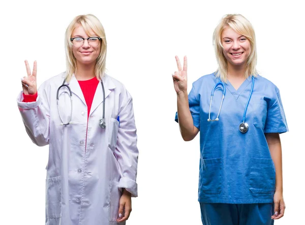 Collage Von Arzt Und Krankenschwester Über Weißem Isoliertem Hintergrund Die — Stockfoto