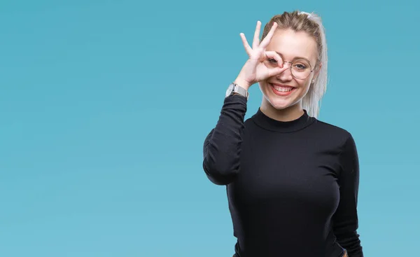 Jonge Blonde Vrouw Bril Geïsoleerde Achtergrond Doen Gebaar Met Hand — Stockfoto