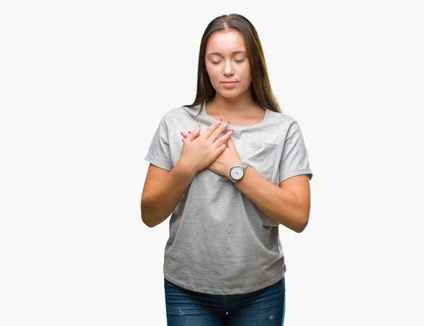 Jonge Kaukasische Mooie Vrouw Geïsoleerde Achtergrond Glimlachend Met Handen Borst — Stockfoto