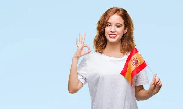 Joven Hermosa Mujer Sosteniendo Bandera España Sobre Fondo Aislado Haciendo — Foto de Stock