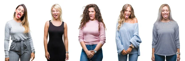 Collage Junger Schöner Frauen Vor Isoliertem Hintergrund Die Die Zunge — Stockfoto
