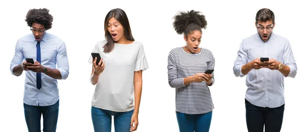 Collage People Texting Sending Message Using Smartphone Isolated Background Scared — Stock Photo, Image