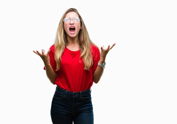 Jonge Mooie Blonde Vrouw Bril Geïsoleerd Achtergrond Gek Gek Schreeuwen — Stockfoto