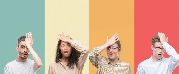 Collage Van Een Groep Mensen Geïsoleerd Kleurrijke Achtergrond Verrast Met — Stockfoto
