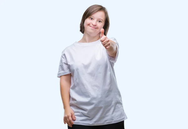 Młoda Kobieta Dorosłych Zespołem Downa Białym Tle Robi Szczęśliwy Kciuk — Zdjęcie stockowe