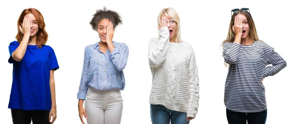 Colagem Grupo Bela Mulher Casual Sobre Fundo Isolado Cobrindo Olho — Fotografia de Stock