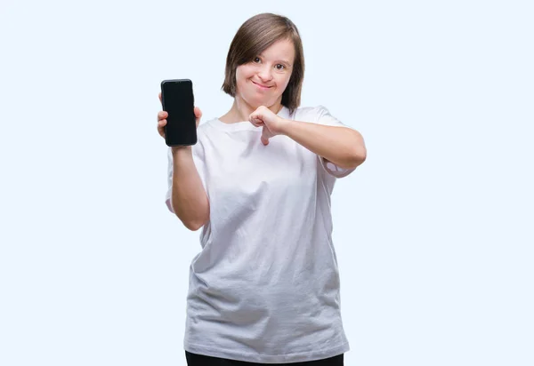Νεαρή Ενήλικη Γυναίκα Σύνδρομο Δείχνουν Οθόνη Smartphone Πέρα Από Απομονωμένο — Φωτογραφία Αρχείου