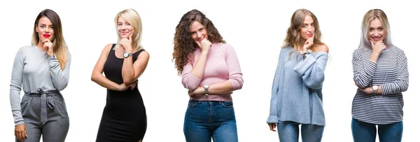 Collage Unga Vackra Kvinnor Över Isolerade Bakgrund Ser Självsäker Kameran — Stockfoto