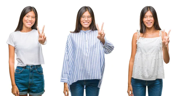 Colagem Asiático Jovem Mulher Sobre Branco Isolado Fundo Sorrindo Com — Fotografia de Stock