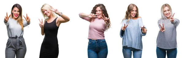 Collage Van Jonge Mooie Vrouwen Geïsoleerde Achtergrond Glimlachend Zoek Naar — Stockfoto