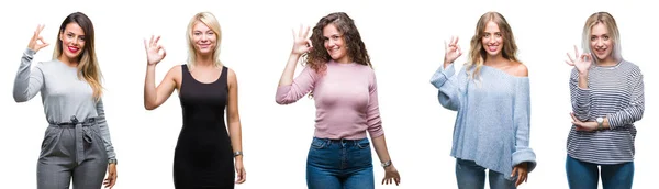 Collage Unga Vackra Kvinnor Över Isolerade Bakgrund Leende Positiva Gör — Stockfoto