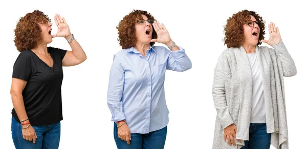 中年老年妇女在白色孤立的背景下大声喊话 用手放在嘴边尖叫 沟通理念 — 图库照片