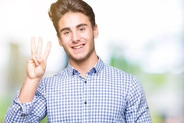 Młody Przystojny Biznesmen Białym Tle Wyświetlono Skierowaną Górę Palcami Numer — Zdjęcie stockowe