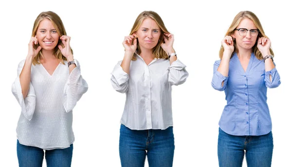 Collage Einer Schönen Blonden Geschäftsfrau Vor Weißem Isoliertem Hintergrund Die — Stockfoto