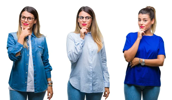 Collage Ung Vacker Kvinna Som Bär Glasögon Över Isolerade Bakgrund — Stockfoto