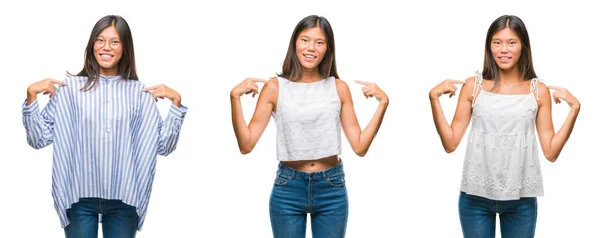 Collage Mujer Joven Asiática Pie Con Gafas Sobre Fondo Blanco — Foto de Stock