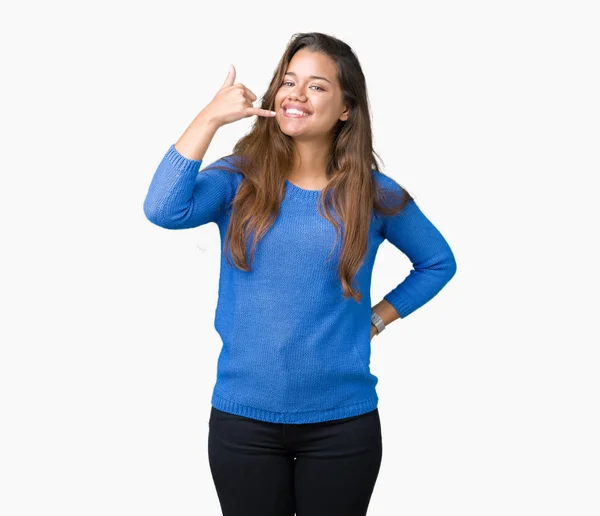 Jonge Mooie Brunette Vrouw Blauwe Trui Dragen Geïsoleerde Achtergrond Doen — Stockfoto