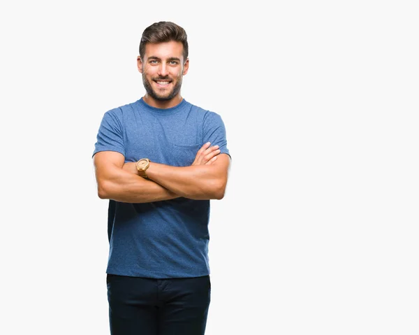 Jovem Homem Bonito Sobre Fundo Isolado Rosto Feliz Sorrindo Com — Fotografia de Stock