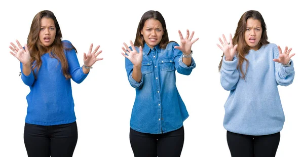 Collage Vackra Unga Kvinnan Över Isolerade Bakgrund Rädd Och Skräckslagen — Stockfoto