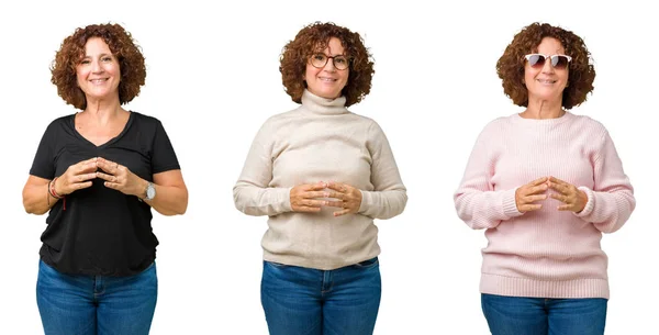 Collage Einer Seniorin Mittleren Alters Über Weißen Isolierten Hintergrundhänden Die — Stockfoto