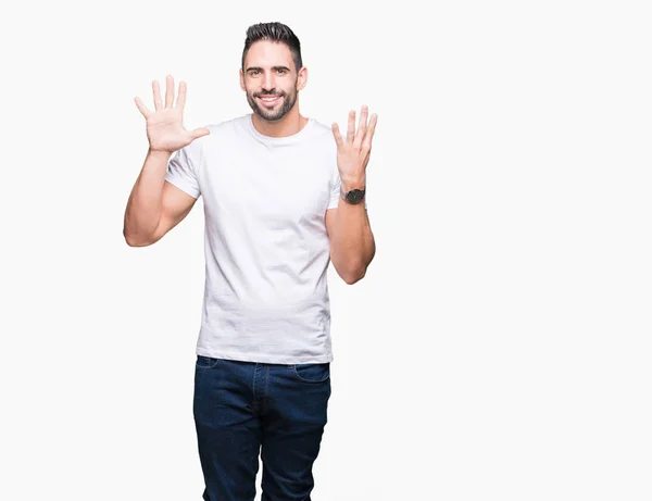 Joven Hombre Vistiendo Casual Camiseta Blanca Sobre Fondo Aislado Mostrando — Foto de Stock