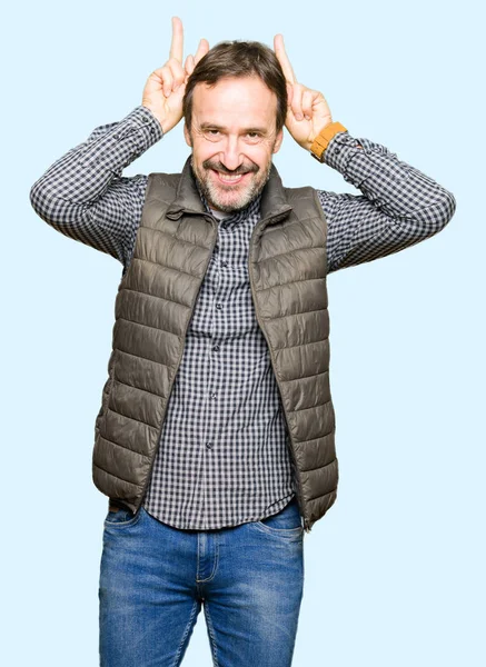 Middle Age Handsome Man Wearing Winter Vest Posing Funny Crazy — Stock Photo, Image