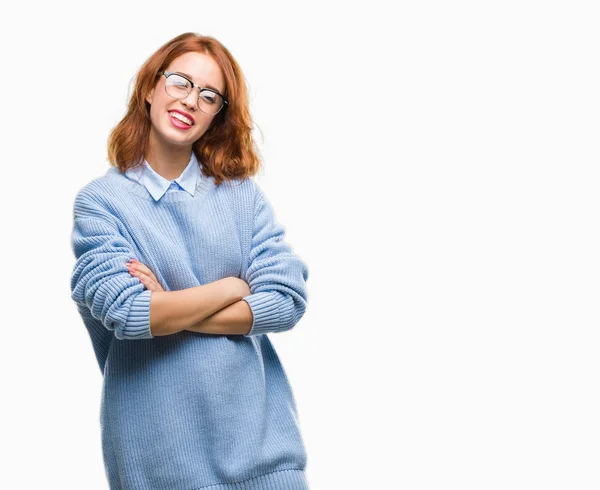 Jovem Bela Mulher Sobre Fundo Isolado Vestindo Camisola Inverno Rosto — Fotografia de Stock