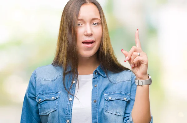 年轻的高加索美丽的女人在孤立的背景指向手指与成功的想法 离开和快乐 — 图库照片