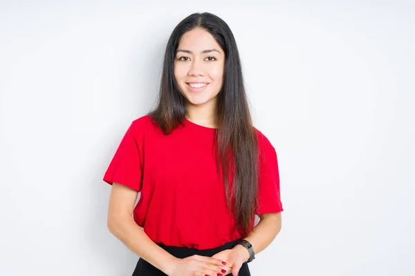 Hermosa Mujer Morena Vistiendo Camiseta Roja Sobre Fondo Aislado Las —  Fotos de Stock