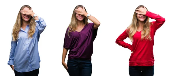 Colagem Jovem Bela Mulher Loira Sobre Fundo Isolado Sorrindo Rindo — Fotografia de Stock