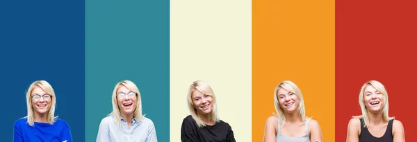 Колаж Красивої Блондинки Над Барвистим Вінтажним Ізольованим Тлом Щасливе Обличчя — стокове фото