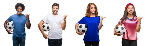 指していると幸せそうな顔を笑顔で側まで親指で示す分離の背景にサッカー サッカー ボールを持っている人のコラージュ — ストック写真