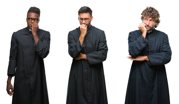 Colagem Padres Cristãos Homens Sobre Fundo Isolado Olhando Estressado Nervoso — Fotografia de Stock