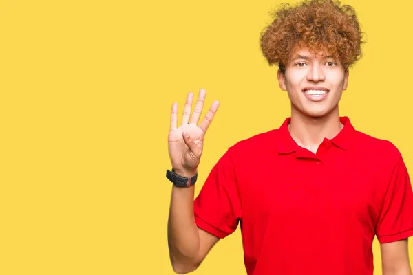 Jonge Knappe Man Met Afro Haar Dragen Rode Shirt Tonen — Stockfoto