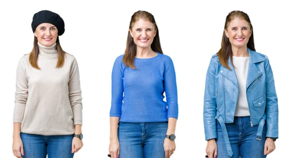 Collage Vackra Medelålders Kvinna Över Isolerade Bakgrund Med Glad Och — Stockfoto