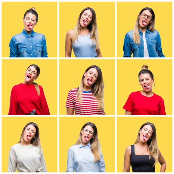 Colagem Jovem Mulher Bonita Sobre Fundo Isolado Amarelo Furando Língua — Fotografia de Stock