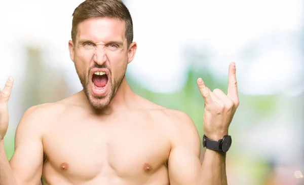 Handsome Shirtless Man Showing Nude Chest Shouting Crazy Expression Doing — Stock Photo, Image