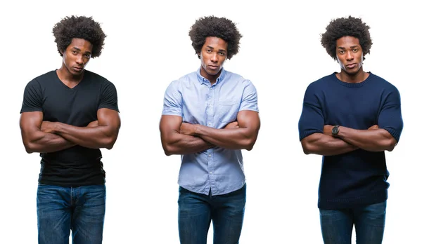 Colagem Afro Americano Jovem Bonito Homem Sobre Fundo Isolado Cético — Fotografia de Stock