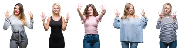 Коллаж Молодых Красивых Женщин Изолированном Фоне Показывая Показывая Пальцами Номер — стоковое фото