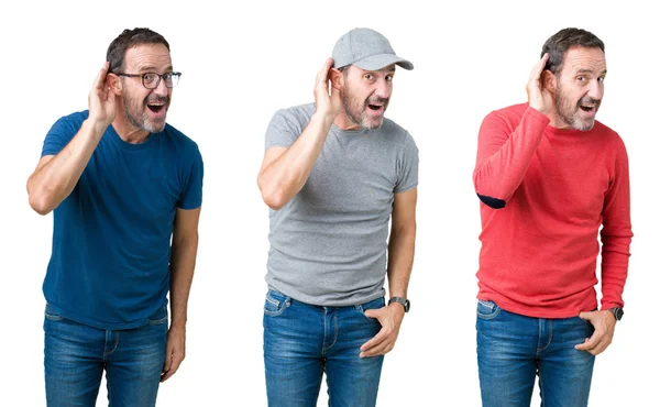 Colagem Homem Sênior Bonito Sobre Fundo Isolado Branco Sorrindo Com — Fotografia de Stock