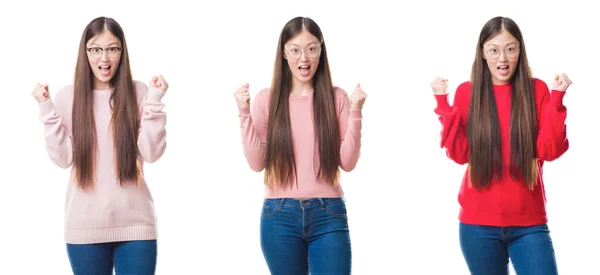 Collage Young Beautiful Chinese Woman Isolated Background Celebrating Surprised Amazed — Stock Photo, Image