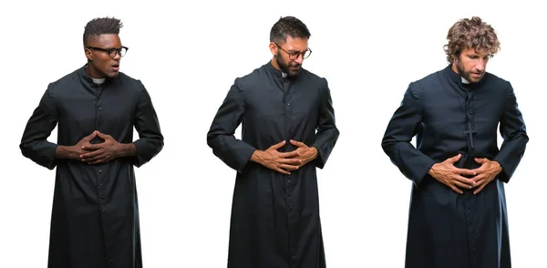 Collage Hombres Sacerdotes Cristianos Sobre Fondo Aislado Con Mano Estómago — Foto de Stock