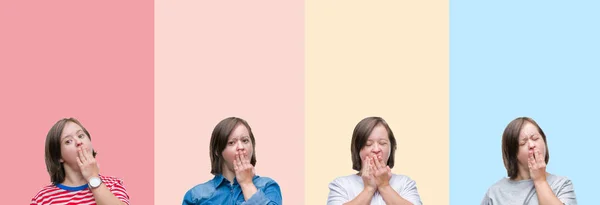Collage Mujer Síndrome Sobre Rayas Colores Fondo Aislado Aburrido Bostezo —  Fotos de Stock