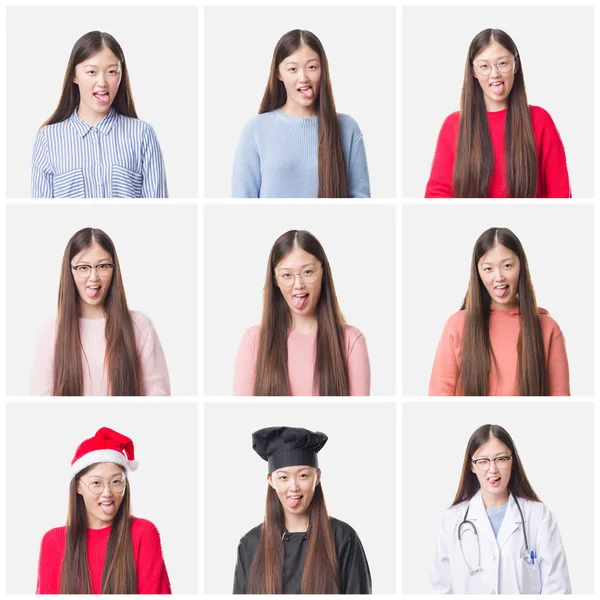 年轻医生拼贴 厨师亚洲女人孤立的背景伸出舌头出来快乐与搞笑的表情 情感概念 — 图库照片