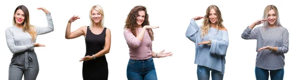 年轻美女拼贴在孤立的背景上 用手展示大尺寸的标志 测量符号 看着镜头微笑 测量概念 — 图库照片