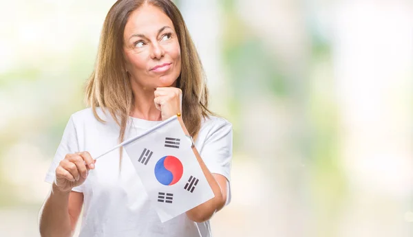 Middle Age Hispanic Woman Holding Flag South Korea Isolated Background — Stock Photo, Image